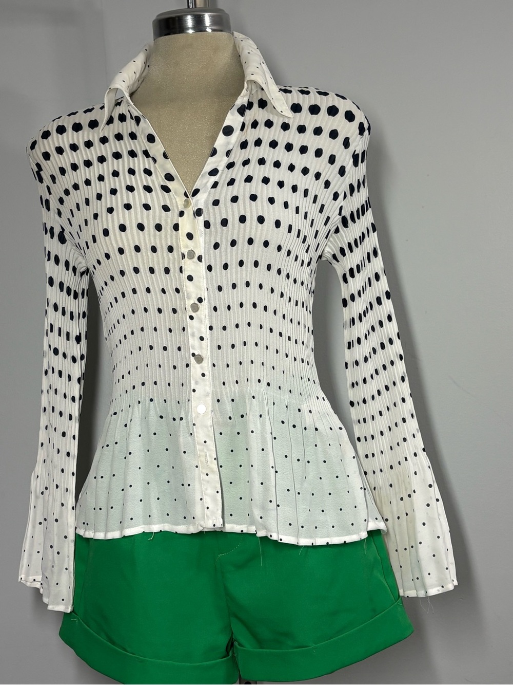 White and Black Polka Dot Button-Down Peplum Shirt